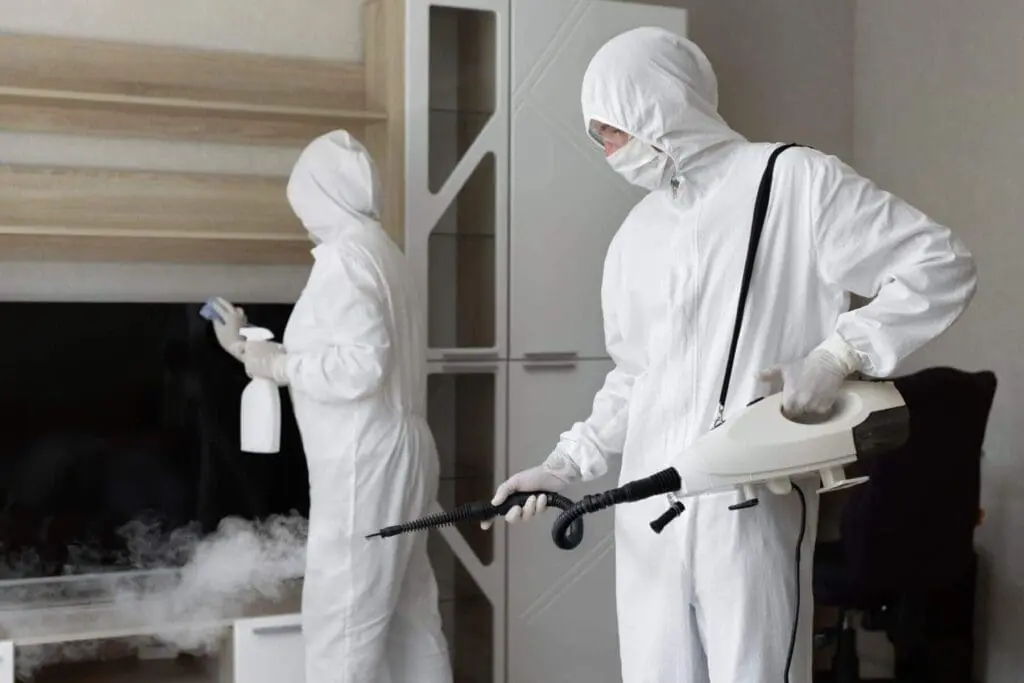 two mold hygienists removing mold