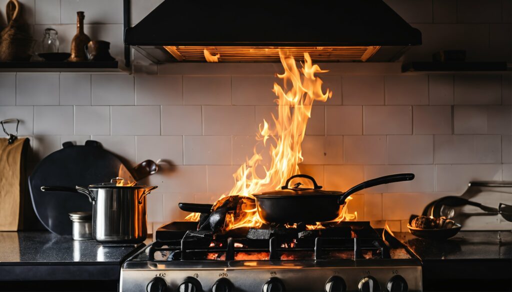 Kitchen fire hazard - residential danger, home safety, emergency. The Best Restoration company helps clean up after a disaster. 