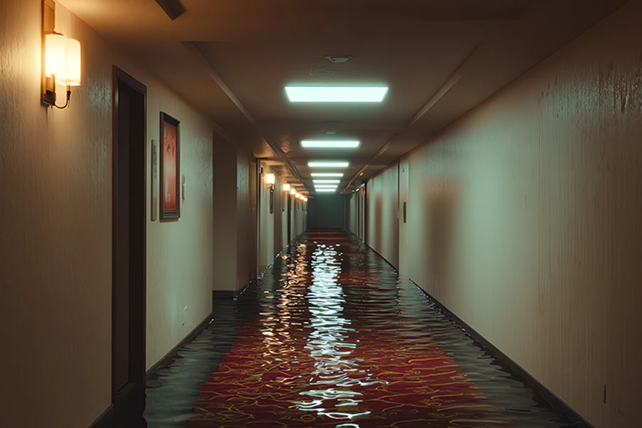 flooded hotel corridor with dim lighting