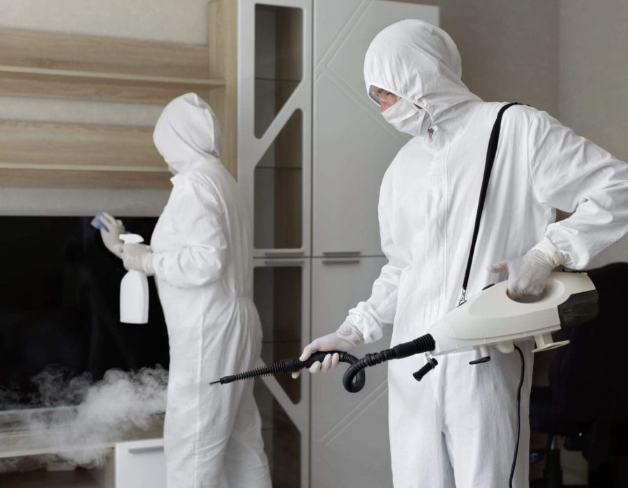 two mold hygienists removing mold